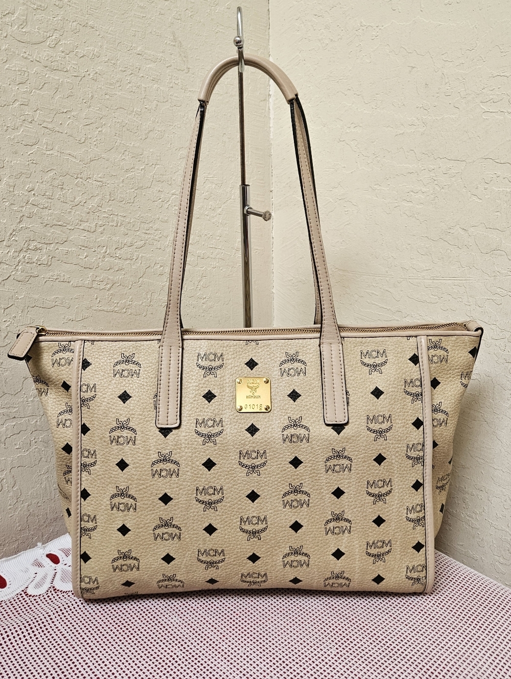 MCM Monogram Cream Top Zip Tote Bag AUTHENTIC